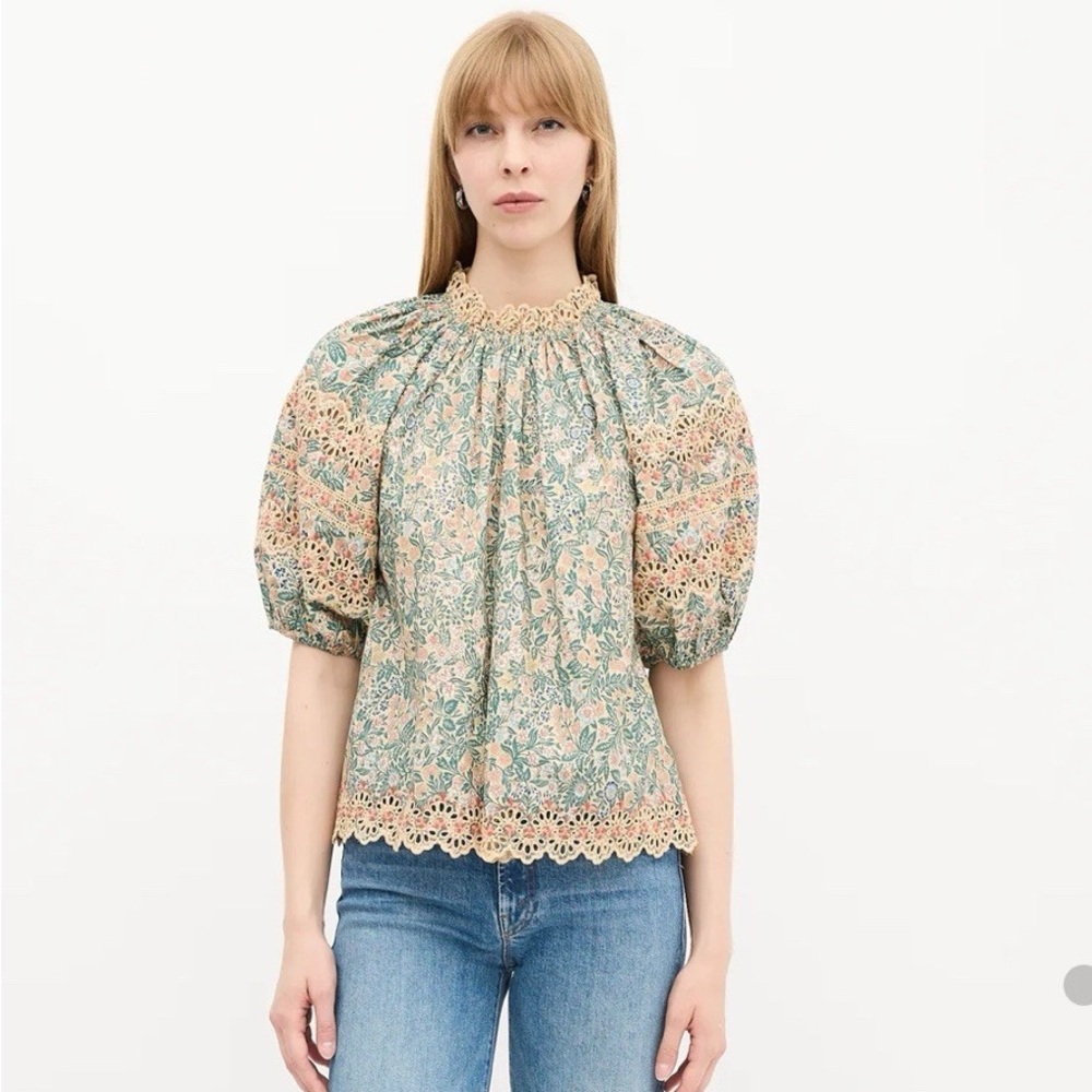 Ulla Johnson Lorna Floral Print Poplin Embroidered Blouse 00 - Picture 8 of 9